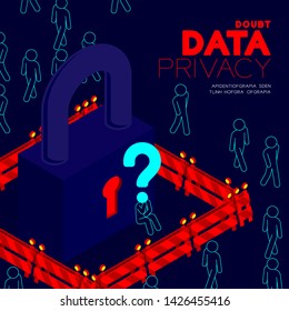 Doubt data privacy problem concept, man pictogram question mark head sitting, isometric Lock and barrier among people and social illustration poster and banner design isolated on blue background