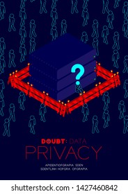 Doubt data privacy problem concept, man pictogram question mark head sitting, isometric storage hard disk and barrier among people and social illustration poster and banner design on blue background