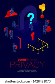 Doubt data privacy problem concept, man pictogram question mark head sitting, isometric Lock and pole traffic barrier among hacker steals data illustration poster and banner design on blue background