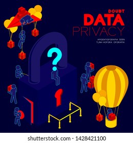 Doubt data privacy problem concept, man pictogram question mark head sitting, isometric Lock and pole traffic barrier among hacker steals data illustration poster and banner design on blue background