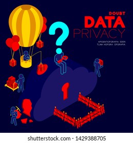 Doubt data privacy problem concept, man pictogram question mark head sitting, isometric cloud storage and barrier among hacker steals data illustration poster and banner design on blue background