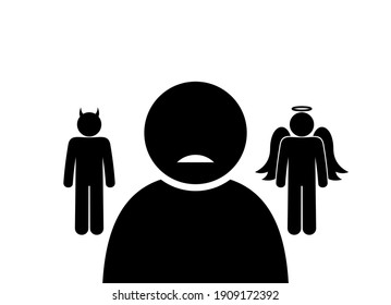 doubt and difficulty of choice illustration, inner conflict, angel and devil on the shoulder of a man, isolated human silhouette