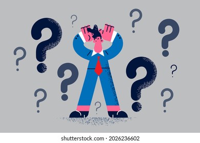 Doubt, feeling not confident concept. Young frustrated businessman cartoon character standing thinking trying to decide with question marks above vector illustration 