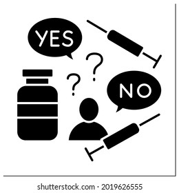 Doubt glyph icon. Doubts about vaccination against covid19. Thinking about vaccine true influence.No vaccinations concept. Filled flat sign. Isolated silhouette vector illustration