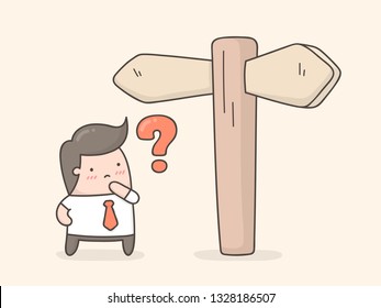 Duda. Un hombrecito tomando una decisión. Linda ilustración de Doodle. 