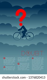 Doubt man and bicycle with Question mark icon pictogram blue and red, Social issues: Pollution PM 2.5 concept template layout design illustration isolated on dark gradients background, with space