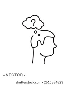 doubt man think icon, pensive character people, problem, person head with question concept, thin line symbol isolated on white background, editable stroke eps 10 vector illustration