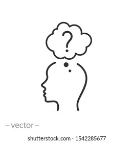 doubt man think icon, person head with question, problem, pensive character people, thin line web symbol on white background - editable stroke vector illustration eps 10