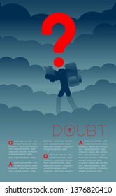 Doubt man traveler with Question mark icon pictogram blue and red, Social issues: Pollution PM 2.5 concept template layout design illustration isolated on dark gradients background, with space