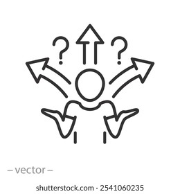 doubt person icon, shrug man, confusion in choosing a path, thin line web symbol on white background - editable stroke vector illustration eps10