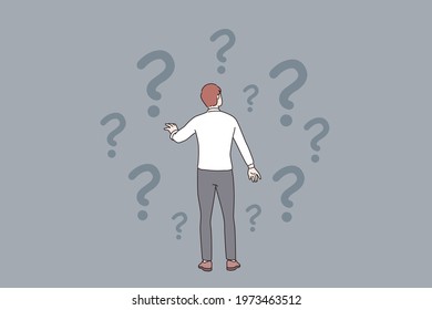 Doubt, question, uncertain concept. Young frustrated businessman standing backwards and feeling doubt with question signs above vector illustration 