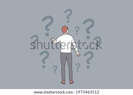 Doubt, question, uncertain concept. Young frustrated businessman standing backwards and feeling doubt with question signs above vector illustration 