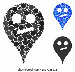 Doubt smiley map marker mosaic of small circles in different sizes and color hues, based on doubt smiley map marker icon. Vector small circles are grouped into blue illustration.