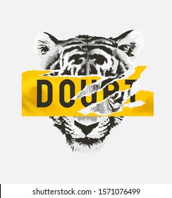 doubt sticker ripped off on b/w tiger face background illustration