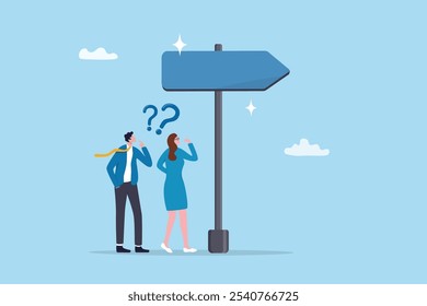 Doubt, unsure or uncertainty, decision to go right way, confusion, problem or choose direction, contemplation for career opportunity concept, business people think with question mark to go right way.