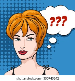 Doubt Woman and speech bubble with question mark. Illustration in comic style.