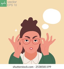 Doubt and worry. Curious person, angry expression. Something went wrong. Businesswoman lifting glasses frame. Flat cartoon vector illustration. Hand drawn style vector design illustrations. EPS 10.