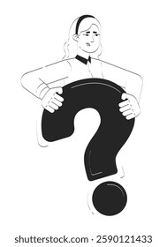 Doubted caucasian woman holding question mark doodle linear character. Woman office worker needing answers and support 2D vector outline person isolated. Hand drawn drawing illustration monochrome