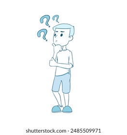 Doubted little boy with question marks line illustration