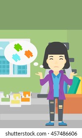 A doubtful asian woman choosing color for walls in apartment. Woman with spread arms choosing a color of paint. Vector flat design illustration. Vertical layout.