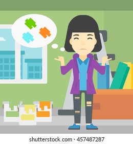 A doubtful asian woman choosing color for walls in apartment. Woman with spread arms choosing a color of paint. Vector flat design illustration. Square layout.