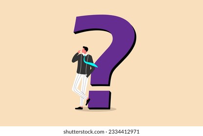 Doubtful businessman contemplates, seeking answers with a big question mark, representing question or problem solving and FAQ.