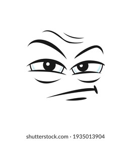 Doubtful face, disbelief mistrusted emoji facial expression isolated icon. Vector insidious emoticon with angry face. Distrusted sad mood emoji. Distrustful emoticon with big eyes and open mouth