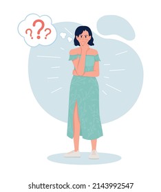 Doubtful lady 2D vector isolated illustration. Questioning and pensive flat character on cartoon background. Uncertain woman scowls colourful scene for mobile, website, presentation