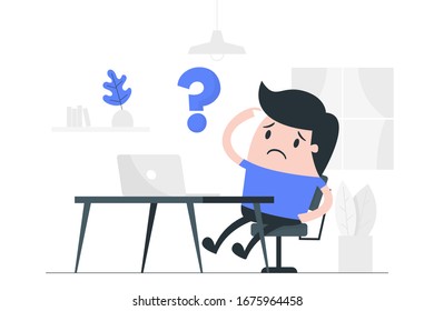 Doubtful man working from Home. Business concept illustration.