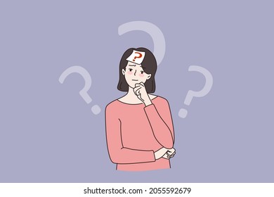 Doubtful Pensive Young Woman With Sticker Note On Forehead With Question Mark. Stressed Unsure Girl Thinking Making Decision Solving Problem. Dilemma Concept. Flat Vector Illustration.