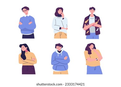 Surgen dudas sobre la seriedad de los caracteres. Ilustraciones vectoriales planas aisladas en fondo blanco