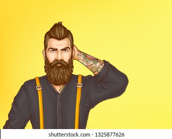 Doubtful and skeptical hipster portrait cartoon vector. Young bearded man with tattoo on forearm, wearing shirt and suspenders, looking with suspicion, scratching his head illustration. Copy space