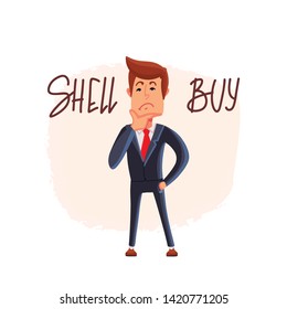 Doubtful stock exchange market trader holding a hand on chin analyzing index, to buy or sell shares or equity. Financial market businessman. 