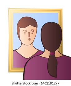 Doubtful woman looking in the mirror - identity crisis, uncertainty, self-doubts, scepticism, bewilderment, confusion, unconsciousness or daze - with question and exclamation marks in her face.
