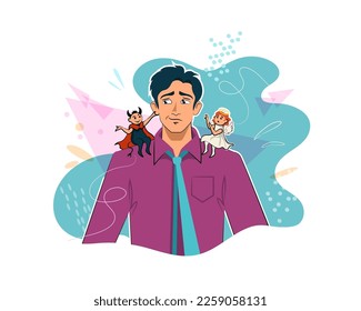 Doubtful young man, making decision between angel and demon. Portrait. Latin American businessman character, disheveled, in shirt and tie, confused, choosing. Stylish anime cartoon illustration