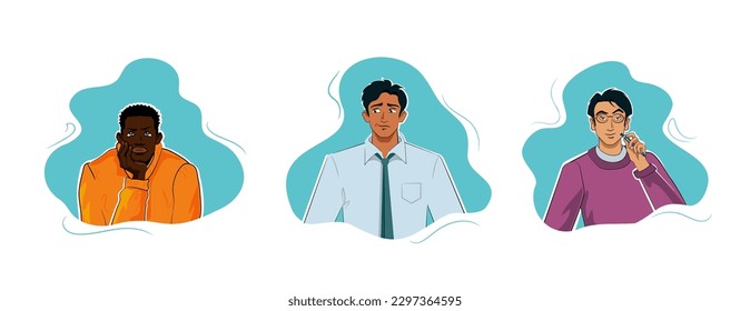 Doubtful young men, making decisions, choices, solving problems, thinking. Portraits of people of various nations, african, hispanic, asian ethnicity, confused. Casual and business cartoon characters