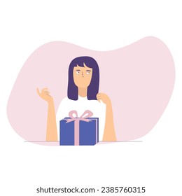 Doubting blue-haired woman sitting with gift box. Puzzled girl on holiday day.
