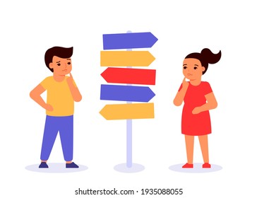 Doubting children think, decide question of choice, choice of path of education and work, direction of future. Concept of self realization, education and career success. Vector flat illustration