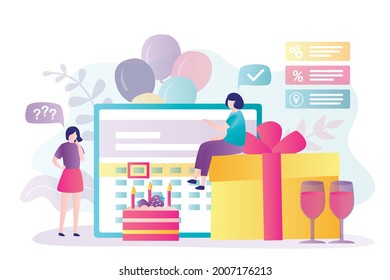 Doubting client talking to organizer of holiday. Woman with organizer approve date or decor. Girl turned to service for organizing ceremonies for help. Event agency concept. Flat vector illustration