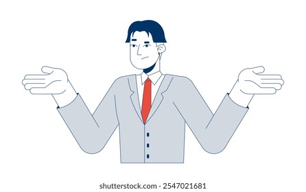 Duvidando do empresário japonês que encolhia o personagem de desenho 2D. Funcionário corporativo asiático expressando confusão por gesto isolado pessoa vetor plano no fundo branco. Ilustração especial colorida