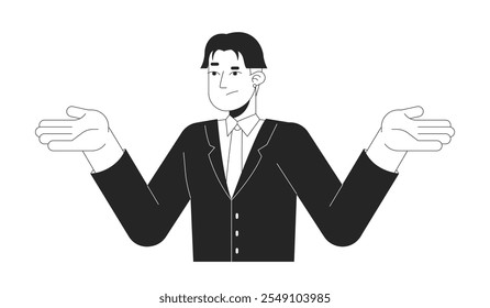 Doubting japanese businessman shrugging black and white 2D line character. Asian corporate employee expressing confusion by gesture isolated vector outline person. Monochromatic spot illustration