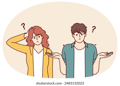 Doubting man and woman shrug hands and touch heads, sign of absence of solution to problem. Doubtful couple of guy and girl experiencing embarrassment do not understand what is happening