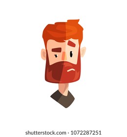 Doubting redhead bearded man, male emotional face, avatar with facial expression vector Illustration on a white background
