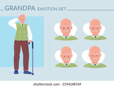 Doubting senior man semi flat color character emotions set. Editable facial expressions. Confusion vector style illustration for motion graphic design and animation. Comfortaa font used