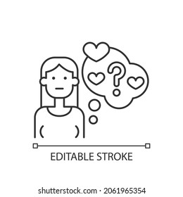 Doubting stage of relationship linear icon. Girl hesitating about romance. Woman questioning love. Thin line customizable illustration. Contour symbol. Vector isolated outline drawing. Editable stroke