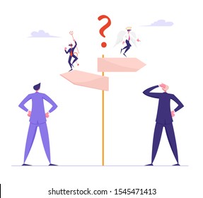 Doubts and Confusion Concept. Businesspeople Making Important Decision and Choice Standing at Crossroad with Devil and Angel Sitting on Road Pointer. People Choose Way Cartoon Flat Vector Illustration