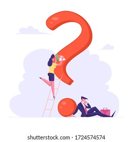 Doubts and Confusion Concept. Thoughtful and Doubtful Little Male Characters Thinking Under Huge Question Mark, Woman Wiping. People Solving Problem Searching Solution. Cartoon Vector Illustration
