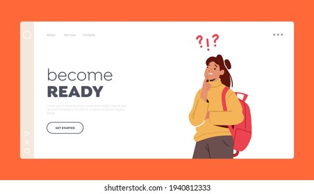 Doubts and Confusion Landing Page Template. Female Character Stand Under Question Mark Thinking Woman Solving Problem, Searching Solution or Information Concept. Cartoon Vector Illustration