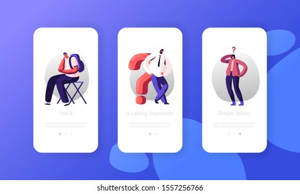Doubts and Confusion Mobile App Page Onboard Screen Set. Thoughtful and Doubtful People Thinking with Question Mark Searching Solution Concept for Website or Web Page. Cartoon Flat Vector Illustration