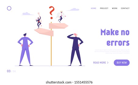 Doubts and Confusion Website Landing Page. Businesspeople Making Important Decision and Choice Stand at Crossroad with Devil and Angel on Road Pointer Web Page Banner. Cartoon Flat Vector Illustration